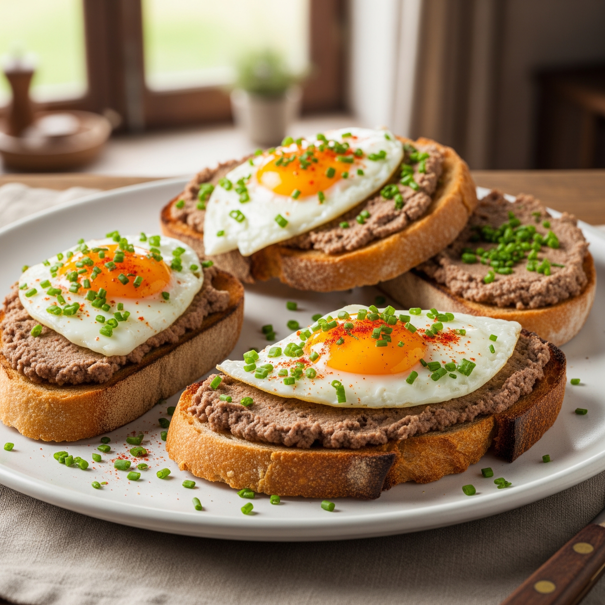 Ouă ochiuri franțuzești pe pâine cu pate