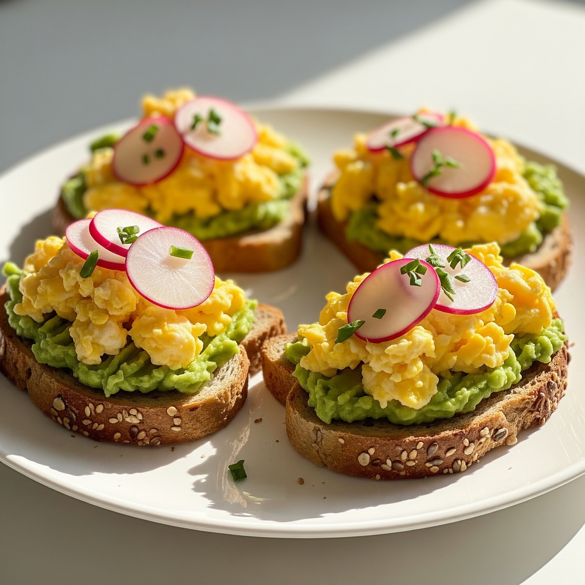 Tartine cu avocado, omletă și ridichi – rapide și fresh