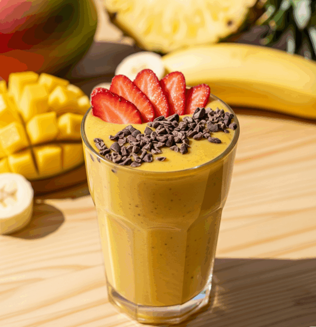Smoothie tropical cu mango, ananas și banane