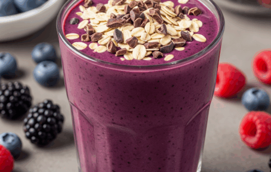 Smoothie cu mure, afine și banane, servit cu ovăz și nibs de cacao