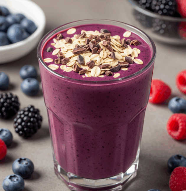 Smoothie cu mure, afine și banane, servit cu ovăz și nibs de cacao