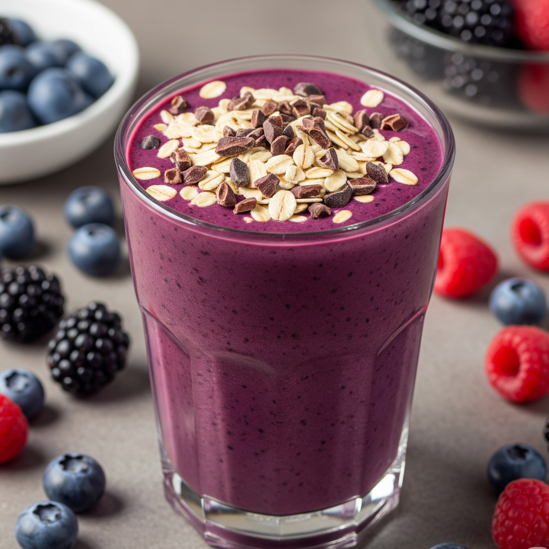 Smoothie cu mure, afine și banane, servit cu ovăz și nibs de cacao