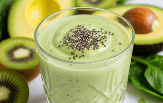 Smoothie verde cu avocado, kiwi și spanac, decorat cu semințe de chia