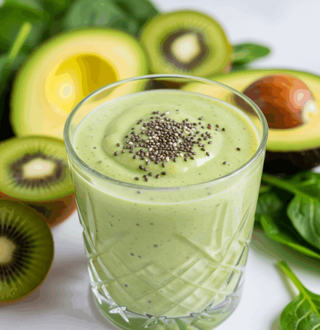 Smoothie verde cu avocado, kiwi și spanac, decorat cu semințe de chia