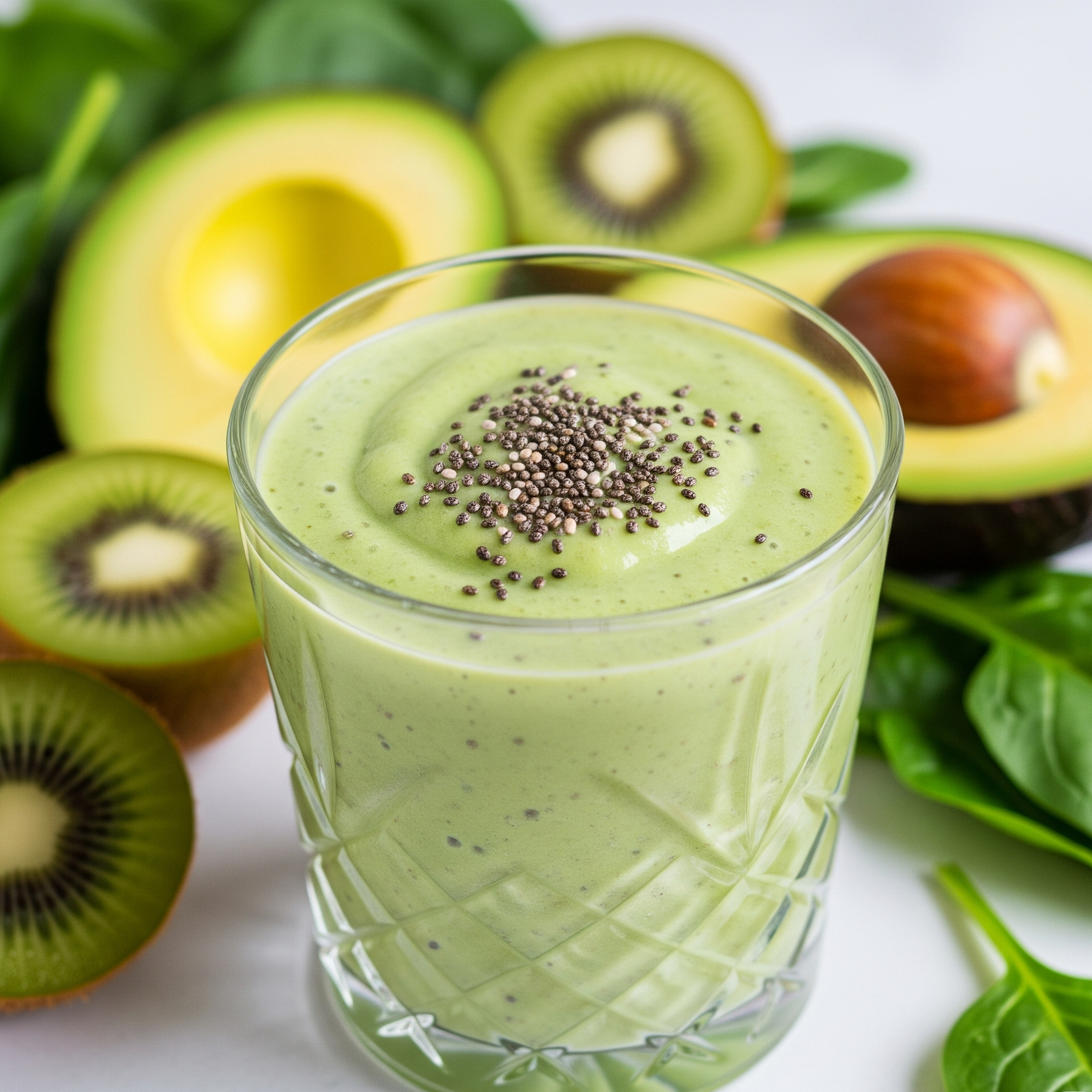 Smoothie verde cu avocado, kiwi și spanac, decorat cu semințe de chia