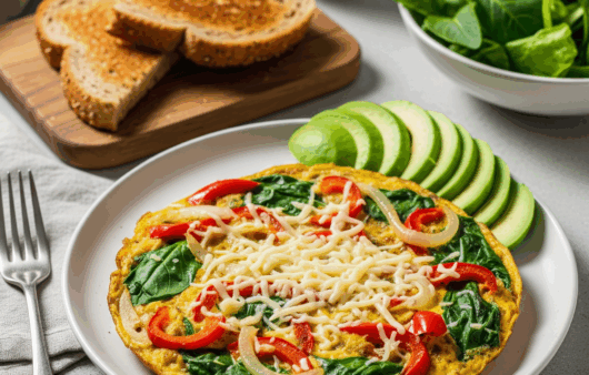 Omletă pufoasă cu legume sotate, servită cu avocado, salată și pâine prăjită