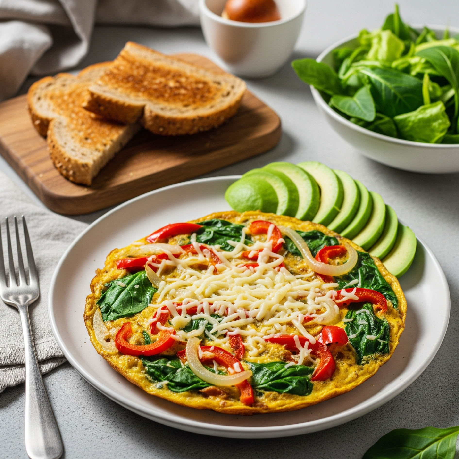 Omletă pufoasă cu legume sotate, servită cu avocado, salată și pâine prăjită