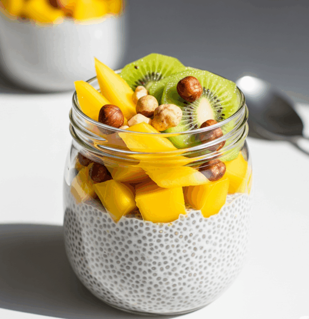 Budincă de chia cu lapte vegetal, mango, kiwi și nuci, servită într-un borcan transparent