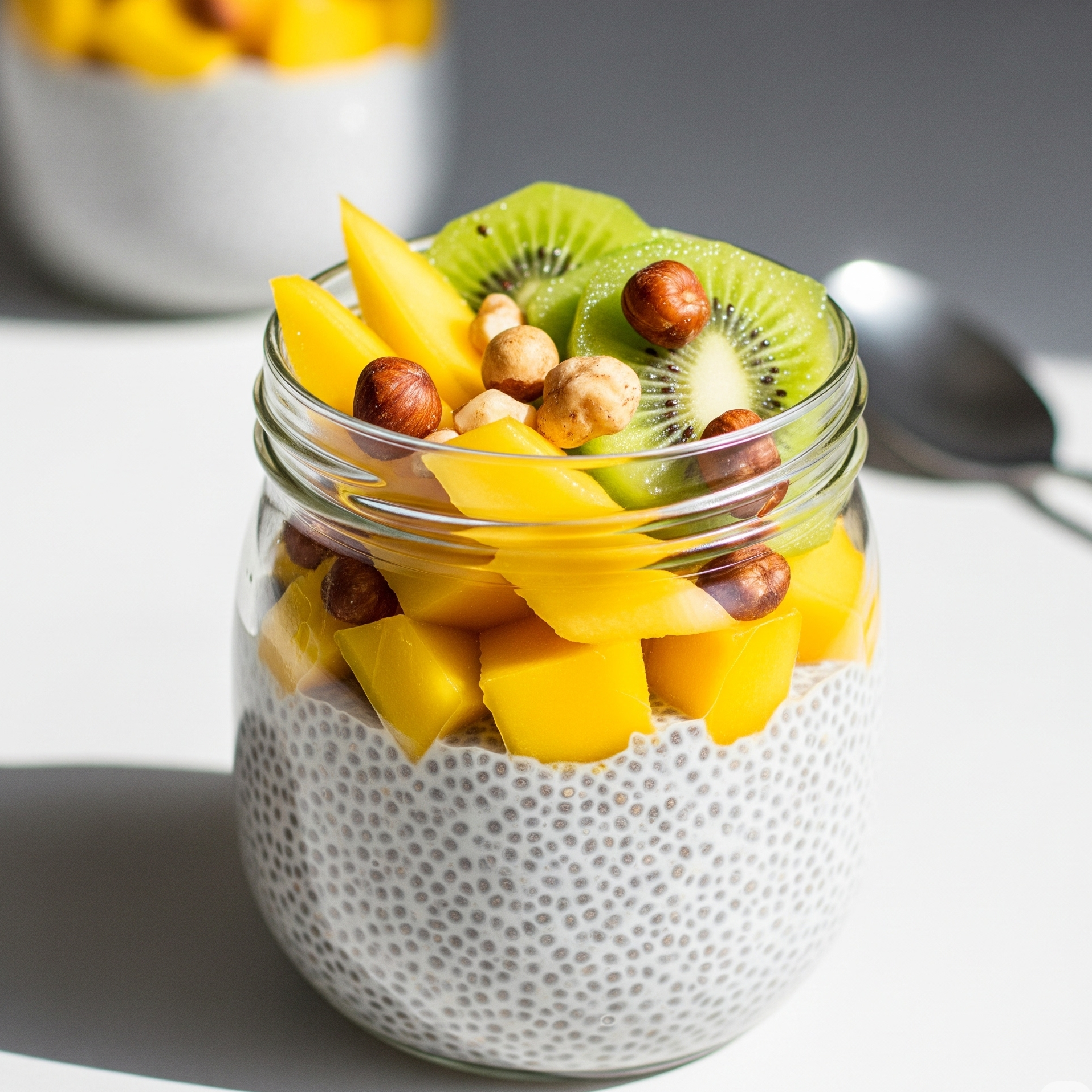 Budincă de chia cu lapte vegetal, mango, kiwi și nuci, servită într-un borcan transparent