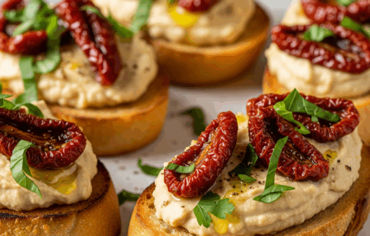 Felii de franzele prăjite cu hummus cremos, roșii uscate și verdețuri