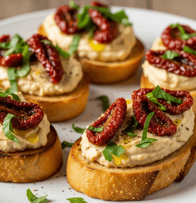 Felii de franzele prăjite cu hummus cremos, roșii uscate și verdețuri