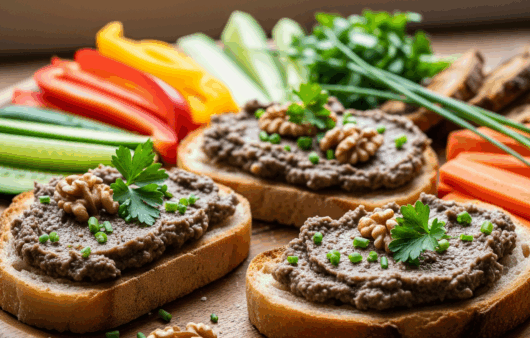 Pate de ciuperci cu nuci, servit pe pâine cu ierburi