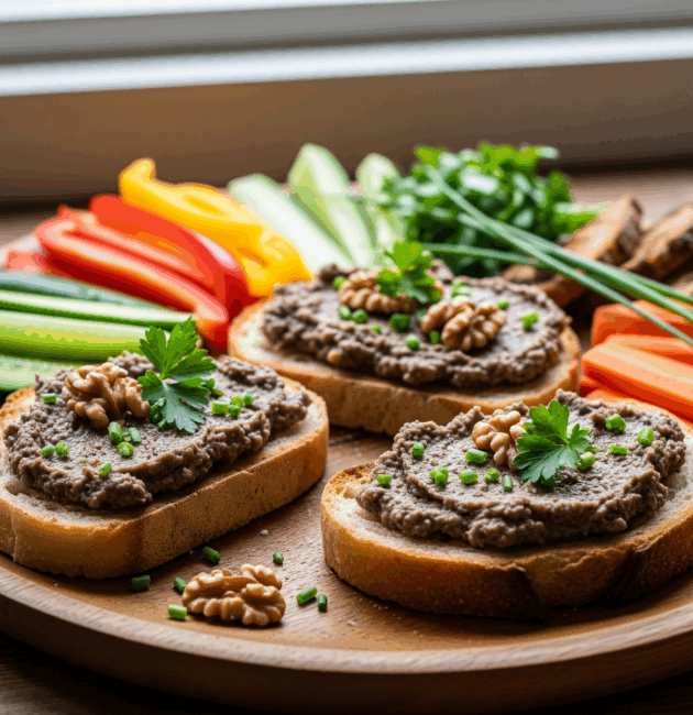 Pate de ciuperci cu nuci, servit pe pâine cu ierburi