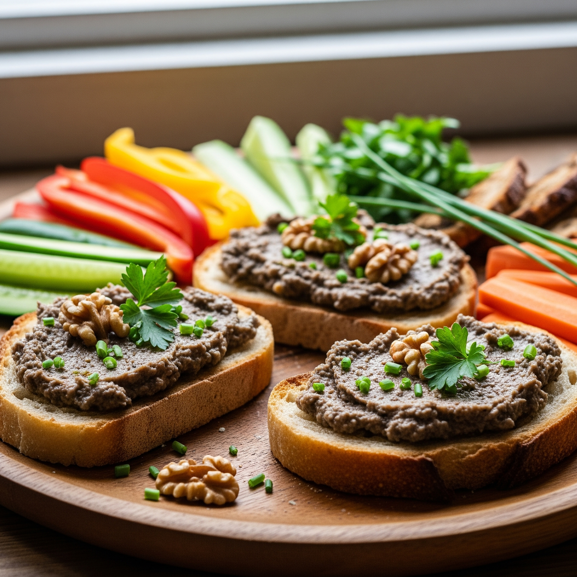 Pate de ciuperci cu nuci, servit pe pâine cu ierburi