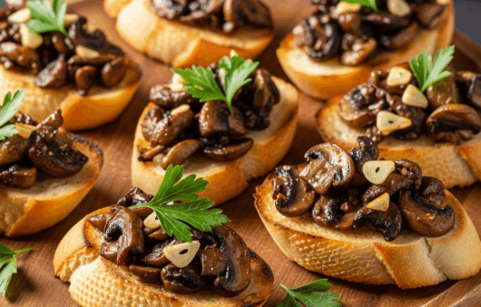 Bruschete cu ciuperci rumenite și usturoi pe pâine prăjită