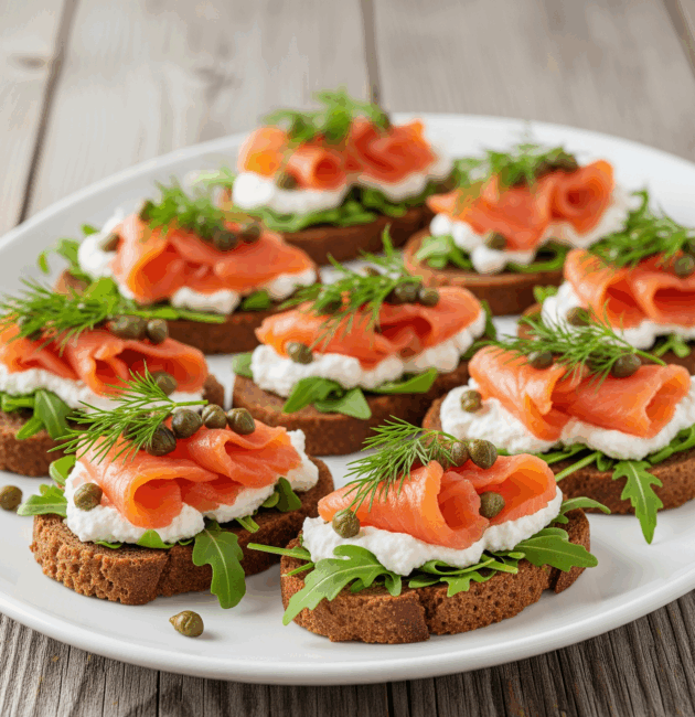 Tartine cu somon afumat, cremă de brânză și capere