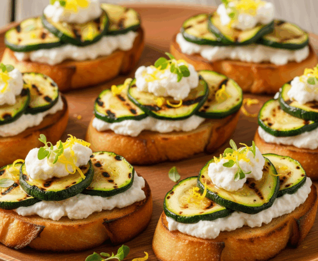 Bruschete cu dovlecel prăjit și ricotta, pe platou rustic