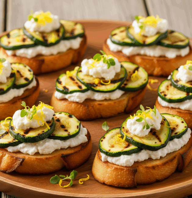 Bruschete cu dovlecel prăjit și ricotta, pe platou rustic
