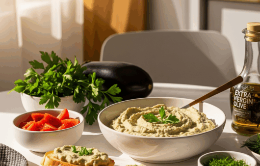 Salată de vinete cremoasă și lucioasă, servită într-un bol pe o masă modernă.