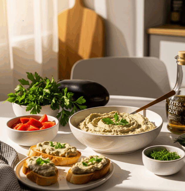 Salată de vinete cremoasă și lucioasă, servită într-un bol pe o masă modernă.