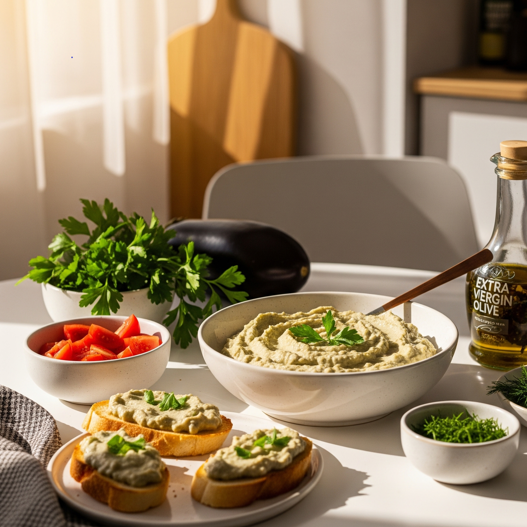 Salată de vinete cremoasă și lucioasă, servită într-un bol pe o masă modernă.