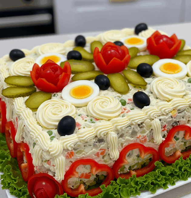 Salată de boeuf clasică servită într-un mod festiv