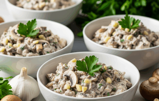 Salată cremoasă de ciuperci champignon cu maioneză și usturoi, decorată cu pătrunjel