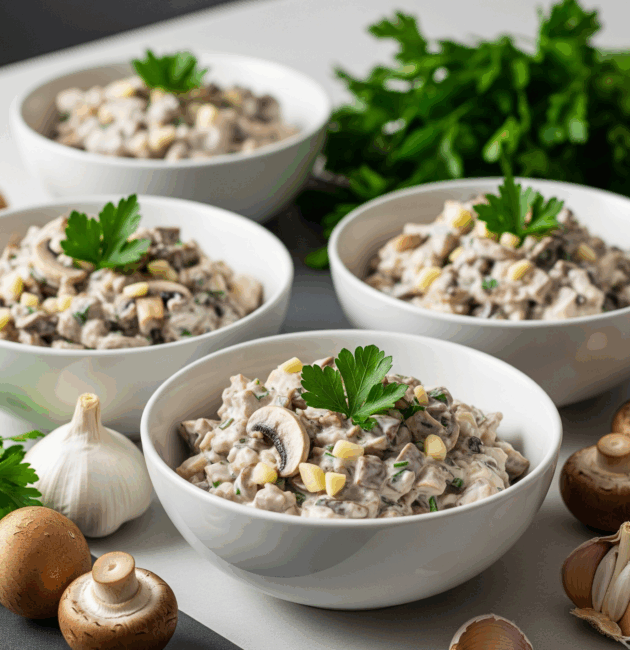 Salată cremoasă de ciuperci champignon cu maioneză și usturoi, decorată cu pătrunjel