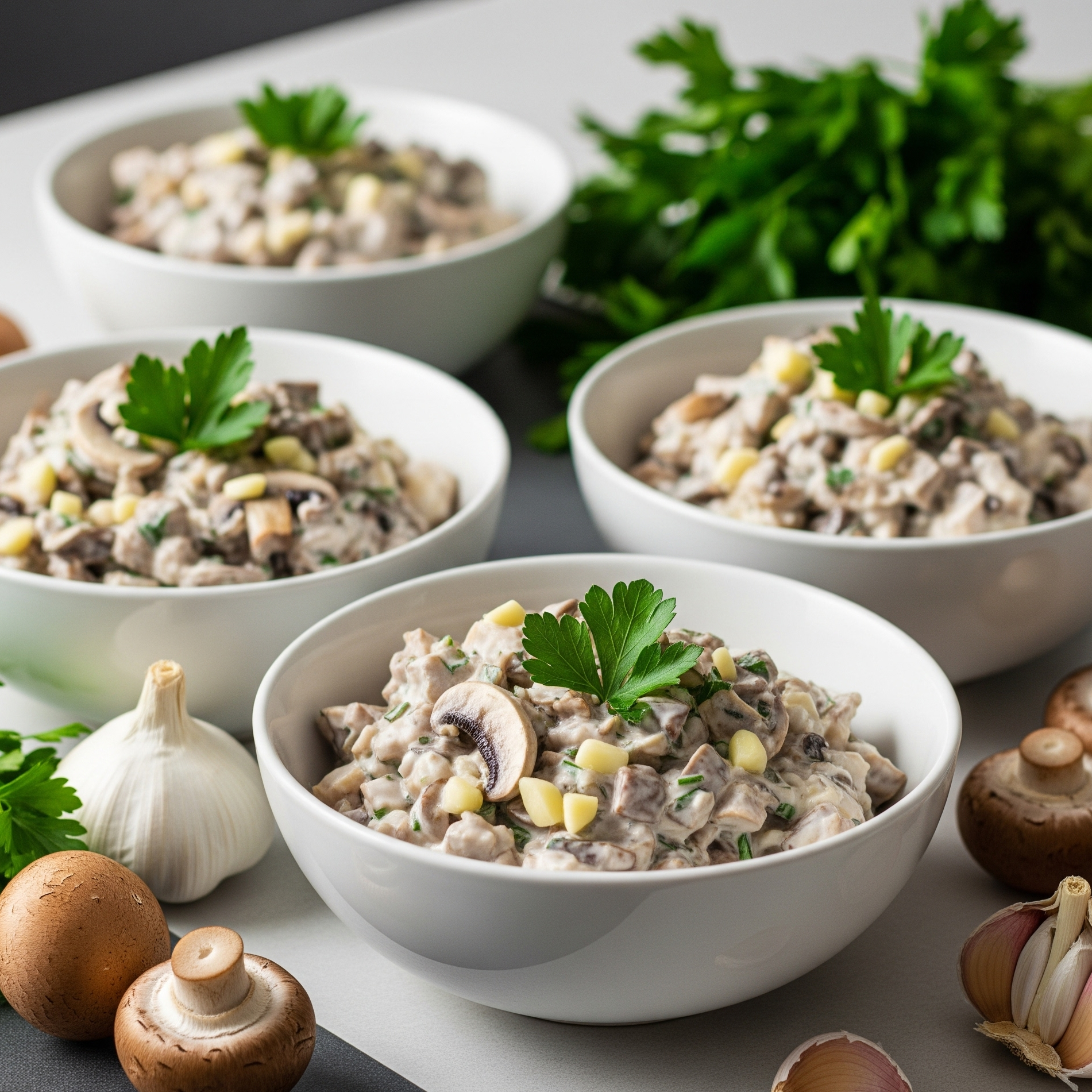 Salată cremoasă de ciuperci champignon cu maioneză și usturoi, decorată cu pătrunjel