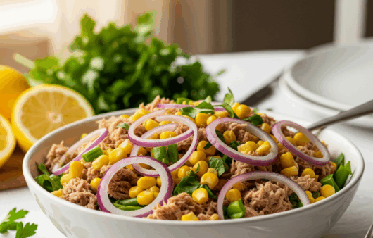 Salată de ton cu porumb și ceapă roșie în bol, pe masă cu ingrediente în jur