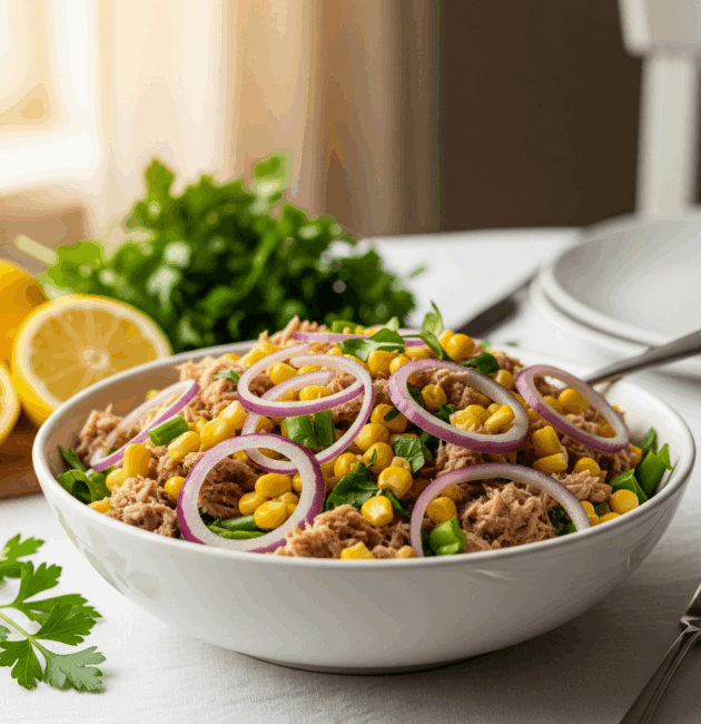 Salată de ton cu porumb și ceapă roșie în bol, pe masă cu ingrediente în jur