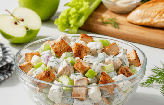 Salată de pui cu măr verde și țelină, servită într-un bol modern