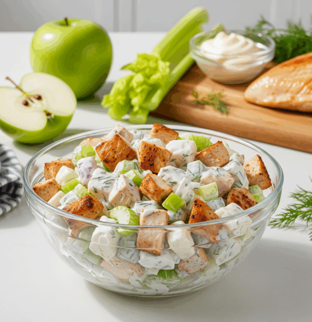 Salată de pui cu măr verde și țelină, servită într-un bol modern