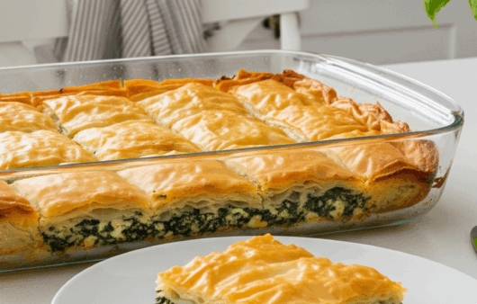 O tavă mare cu spanakopita proaspăt coaptă, tăiată în porții aurii, într-o bucătărie modernă și luminoasă, cu o felie servită în prim-plan.