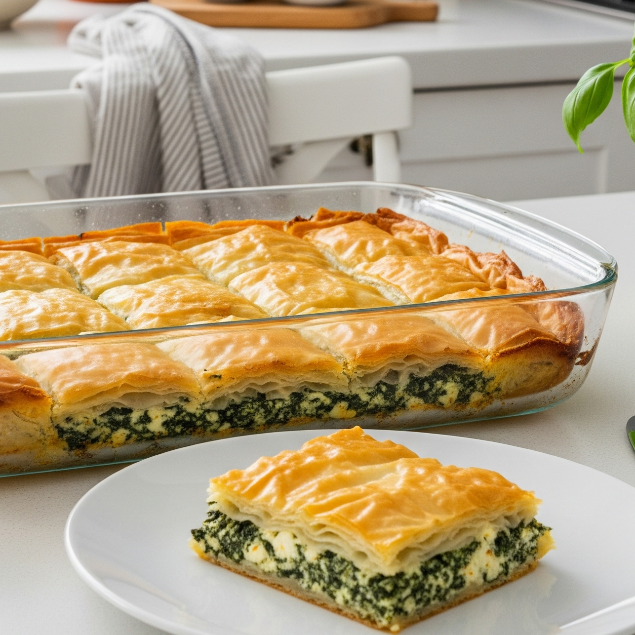 O tavă mare cu spanakopita proaspăt coaptă, tăiată în porții aurii, într-o bucătărie modernă și luminoasă, cu o felie servită în prim-plan.