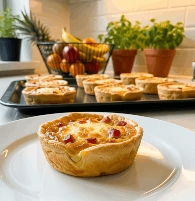 Quiche-uri individuale cu brânză și șuncă, fotografiate lateral