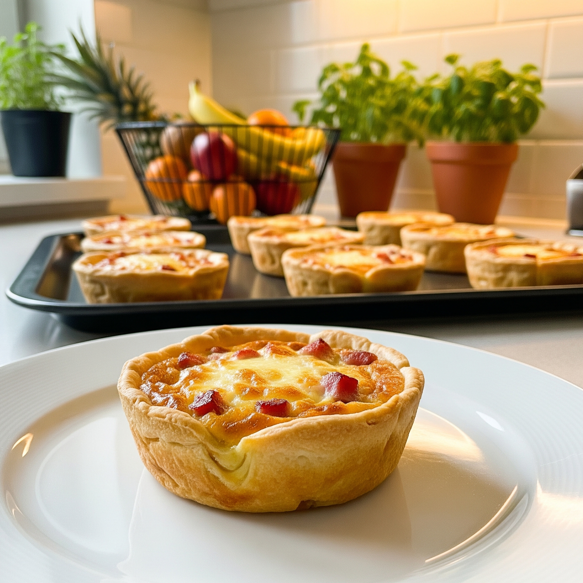 Quiche-uri individuale cu brânză și șuncă, fotografiate lateral