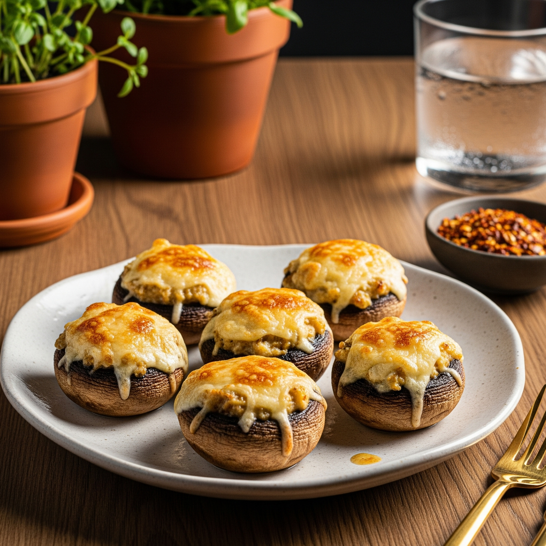 Ciuperci umplute cu brânză și cașcaval coapte la cuptor