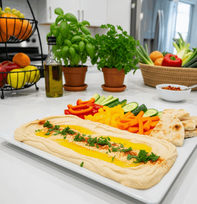 Platou cu humus cremos și lipii calde