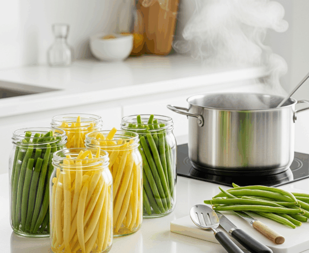 Borcane cu fasole verde în saramură pe masă de bucătărie