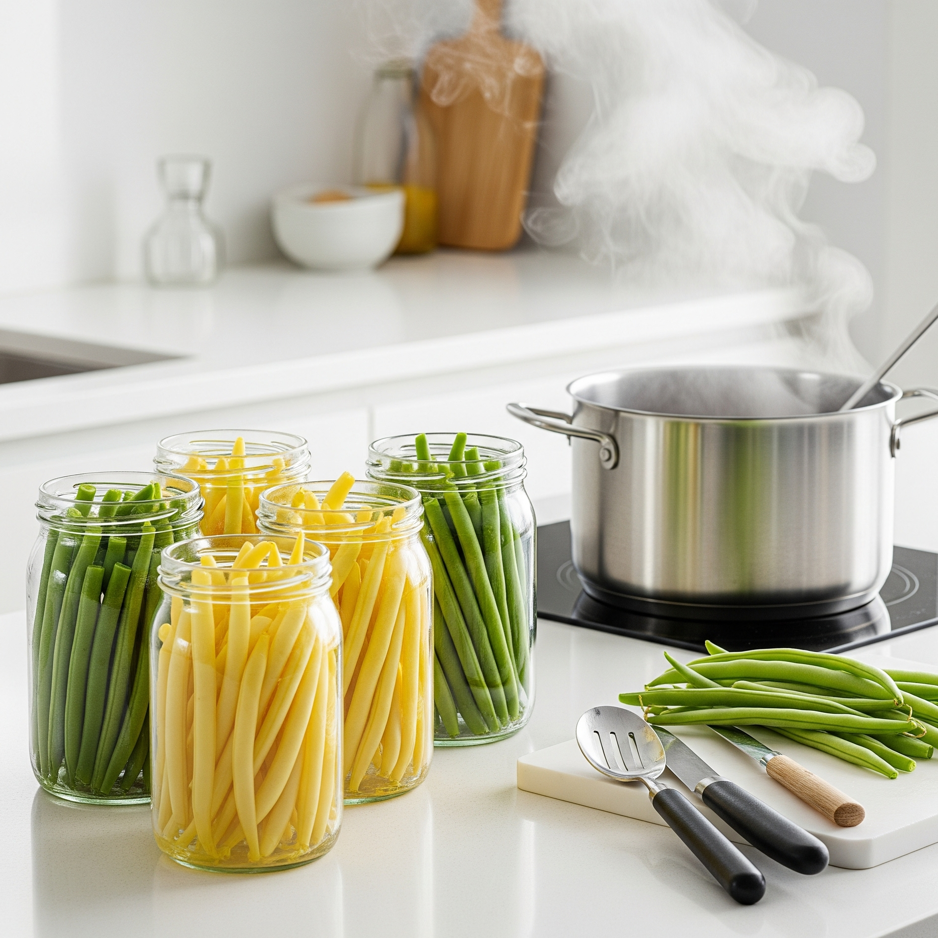 Borcane cu fasole verde în saramură pe masă de bucătărie