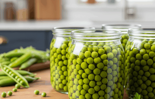 Borcane cu mazăre verde conservată în saramură, pe fundal modern