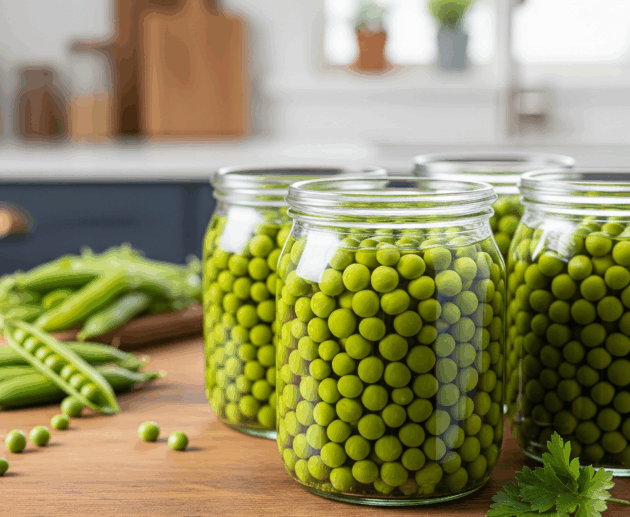 Borcane cu mazăre verde conservată în saramură, pe fundal modern