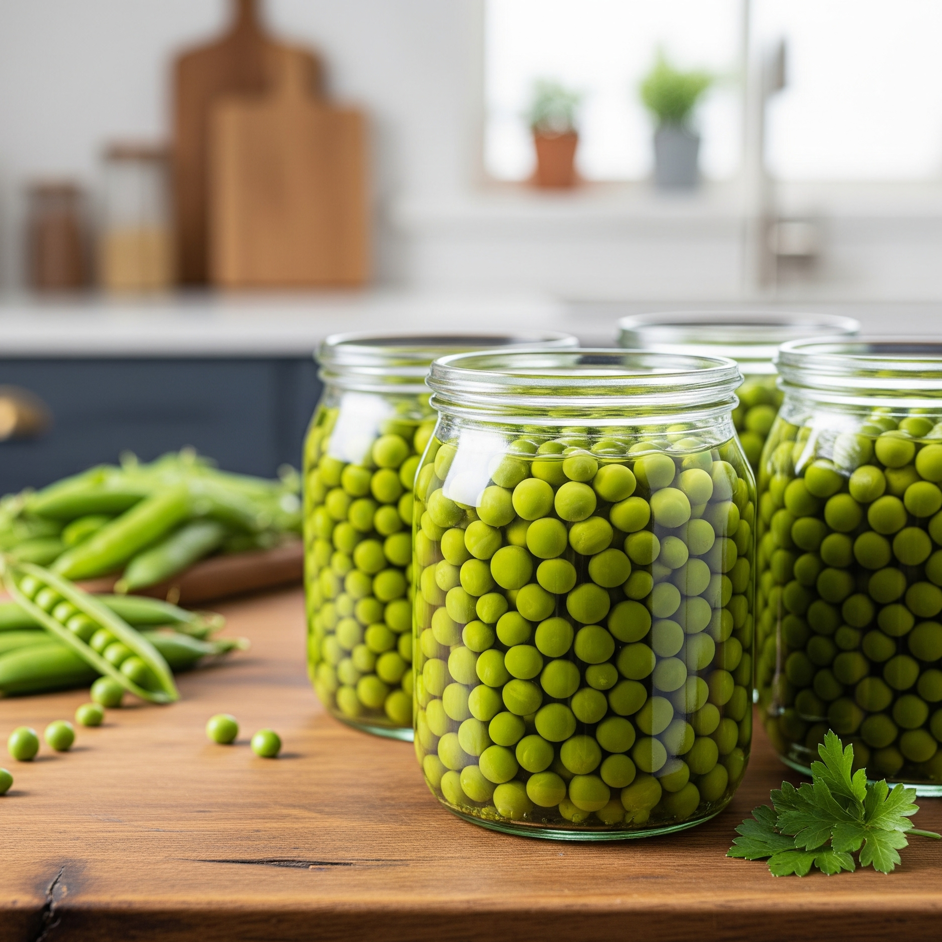 Borcane cu mazăre verde conservată în saramură, pe fundal modern