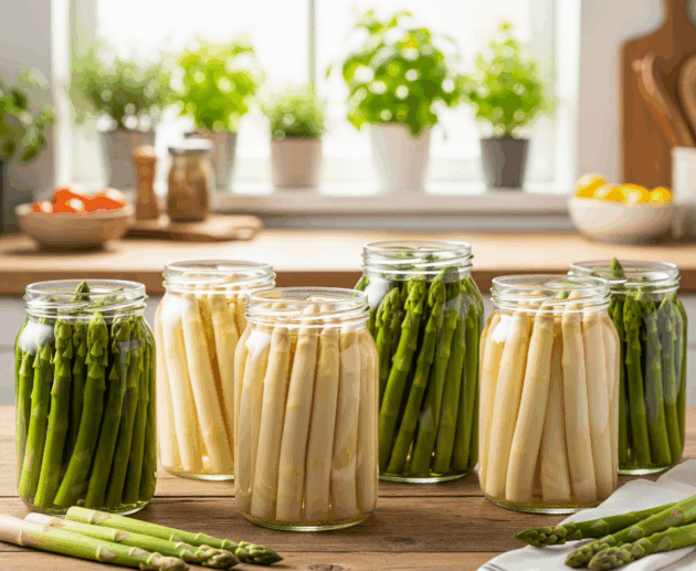 Sparanghel alb și verde conservat în borcan cu saramură