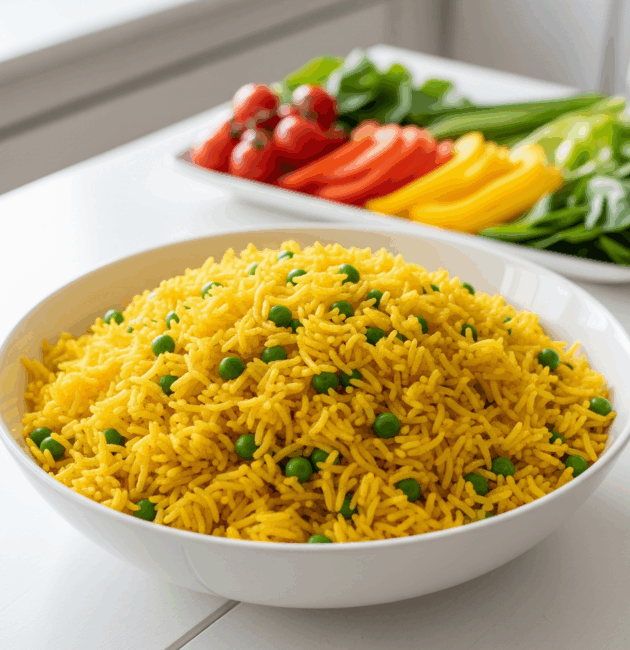 Orez basmati cu turmeric și mazăre servit cald