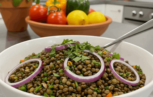 Salată caldă de linte cu ceapă roșie și pătrunjel