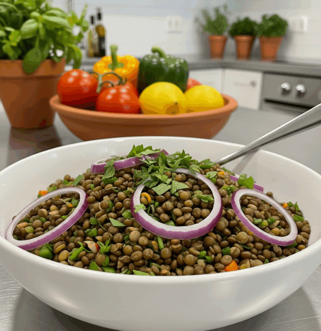 Salată caldă de linte cu ceapă roșie și pătrunjel