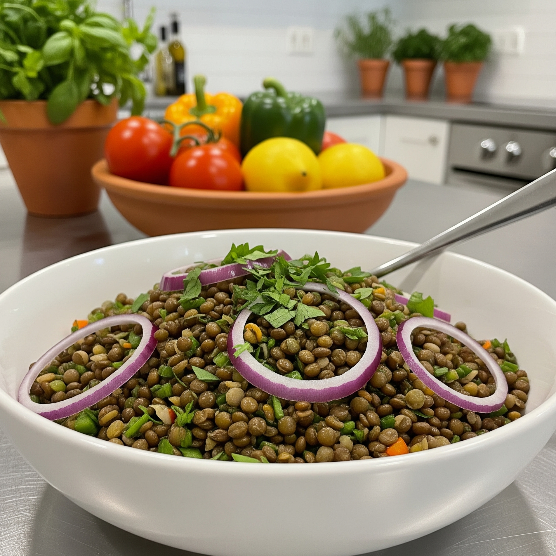 Salată caldă de linte cu ceapă roșie și pătrunjel