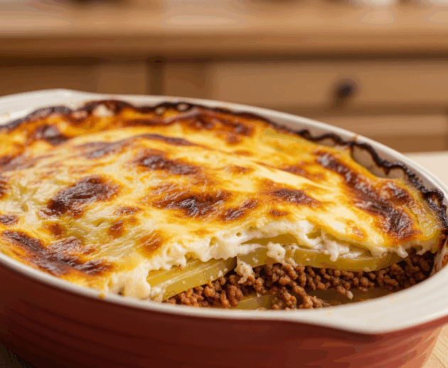 Musaca de cartofi cu carne tocată rumenită